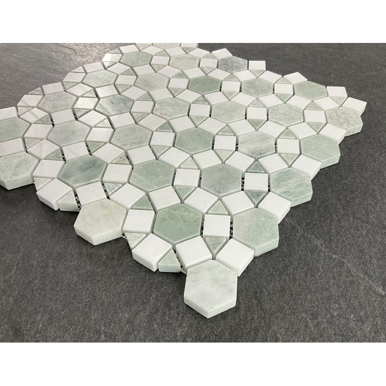 12" Green and White Polished Marble Mosaic Tile