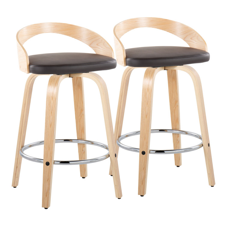 Natural Brown Chrome Swivel Wood and Leather Counter Stool