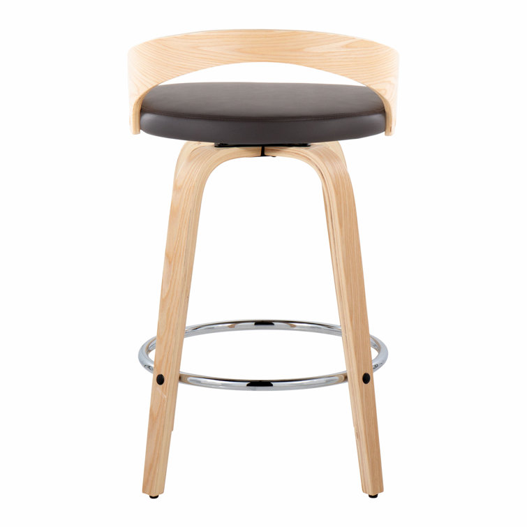Natural Brown Chrome Swivel Wood and Leather Counter Stool