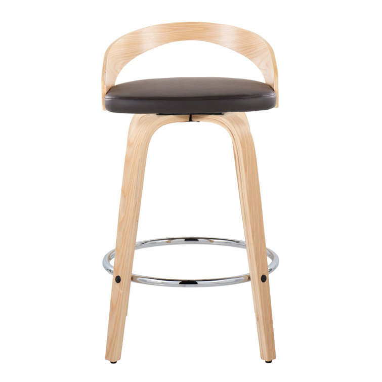 Natural Brown Chrome Swivel Wood and Leather Counter Stool