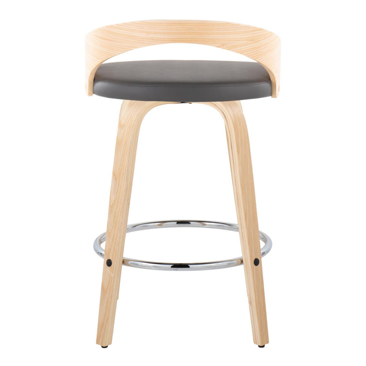 Natural Wood and Chrome Swivel Counter Stool with Grey Seat