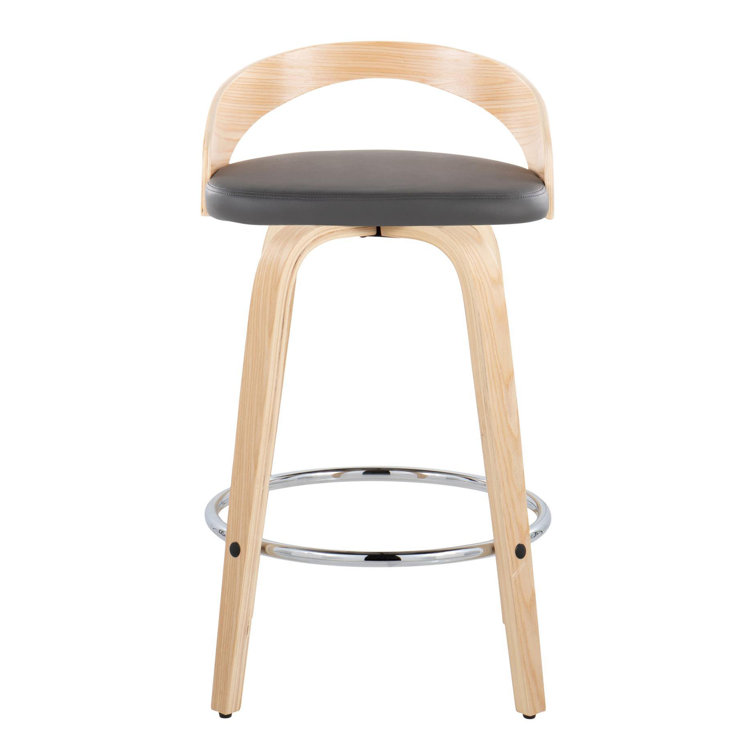 Natural Wood and Chrome Swivel Counter Stool with Grey Seat