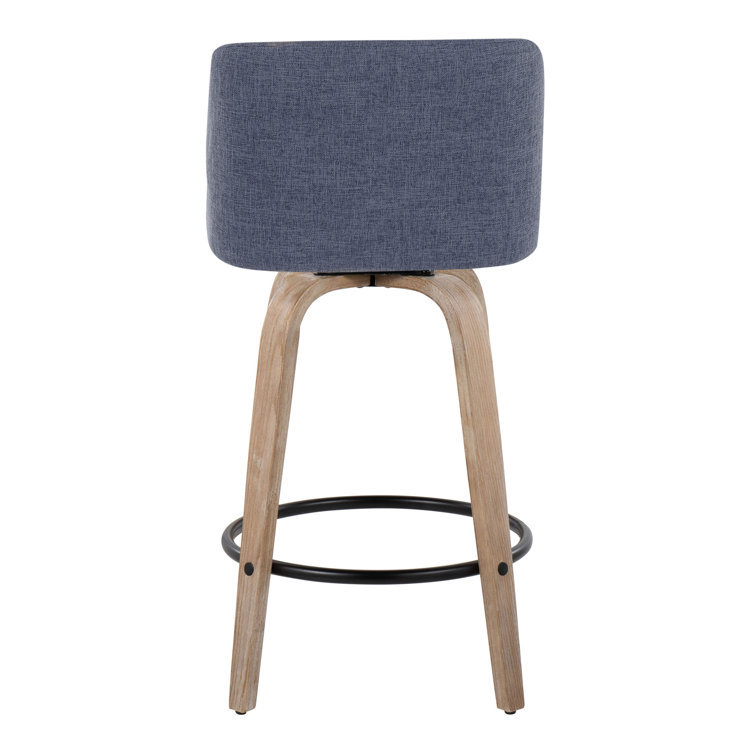 Blue Upholstered Swivel Counter Stool with Wood Legs