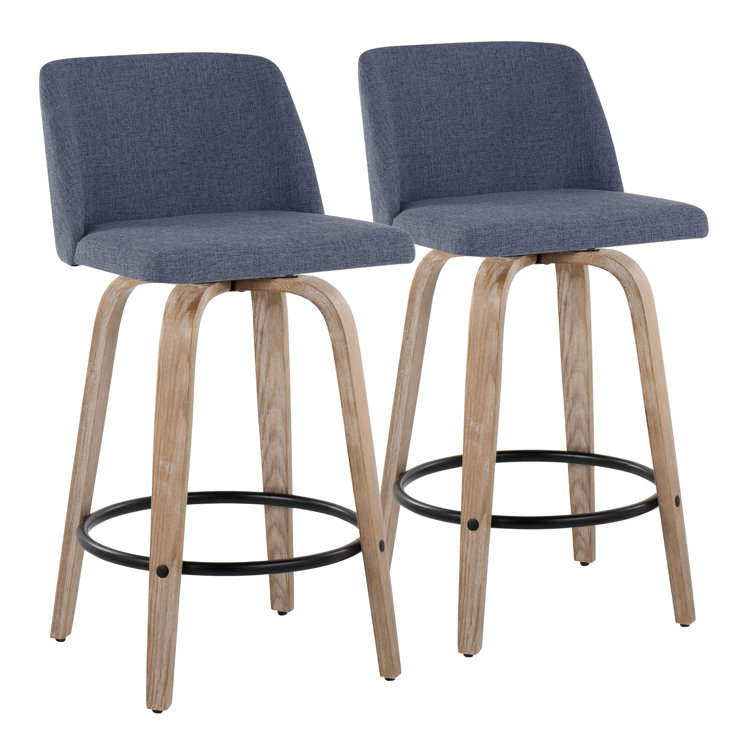 Blue Upholstered Swivel Counter Stool with Wood Legs
