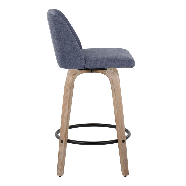 Blue Upholstered Swivel Counter Stool with Wood Legs