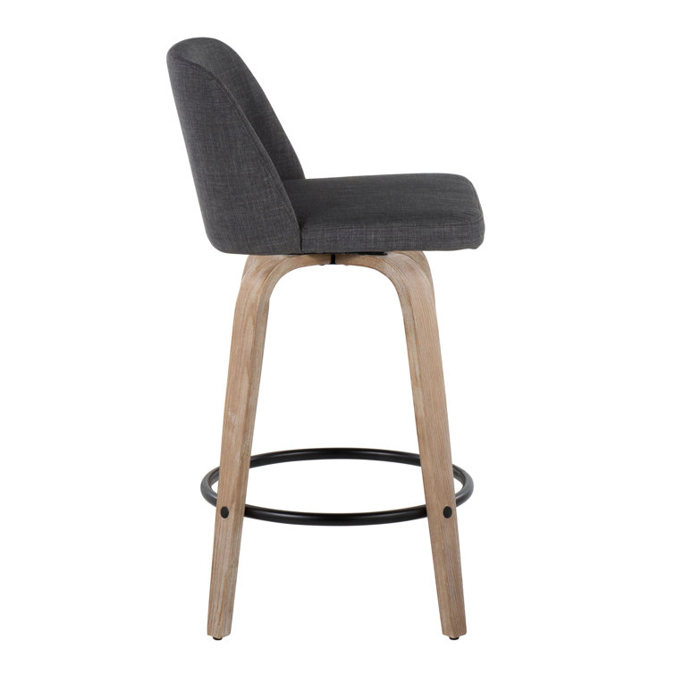 Blue Upholstered Swivel Counter Stool with Wood Legs