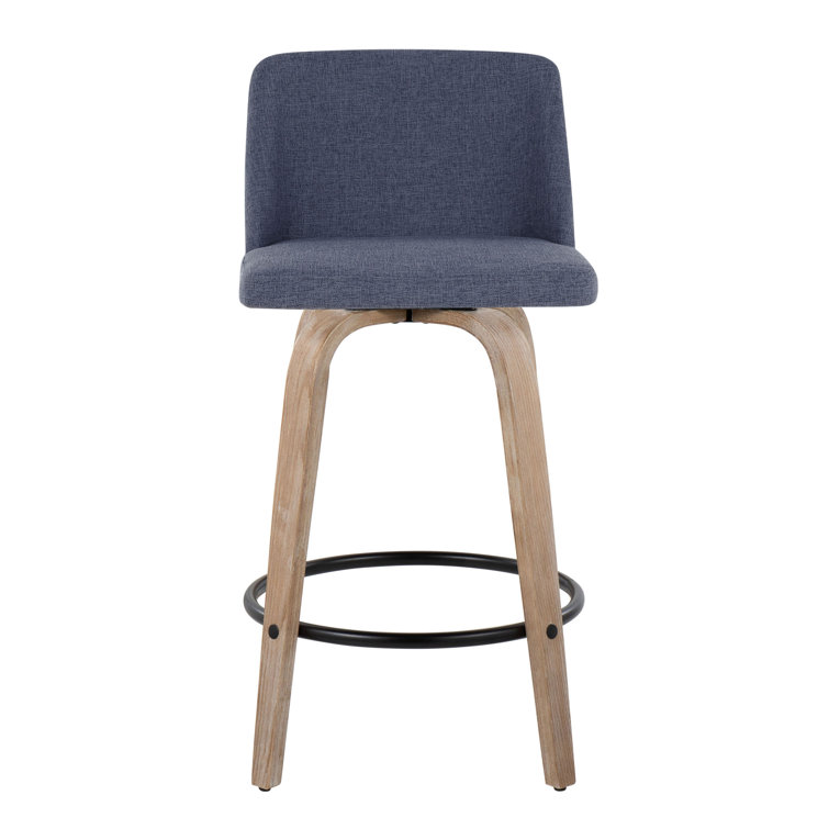 Blue Upholstered Swivel Counter Stool with Wood Legs