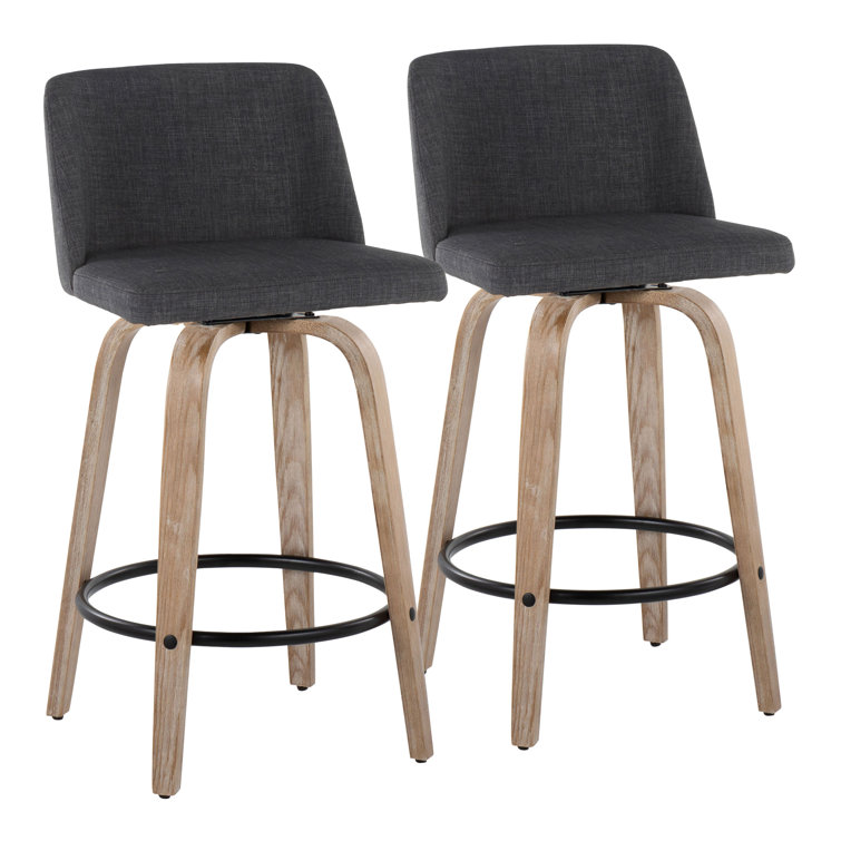 Blue Upholstered Swivel Counter Stool with Wood Legs