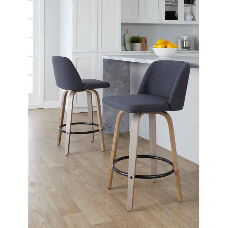 Blue Upholstered Swivel Counter Stool with Wood Legs