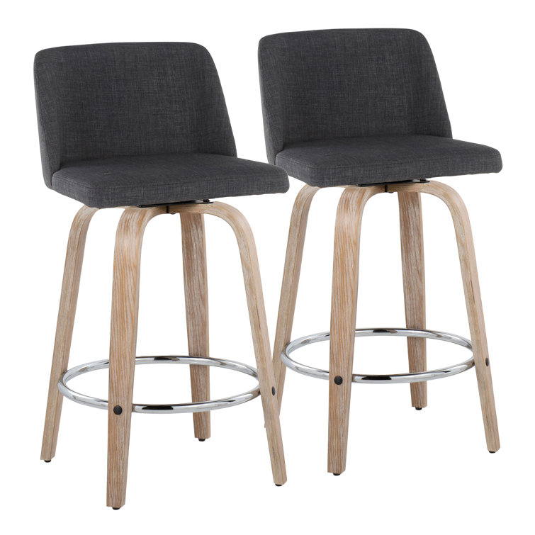 Gray Swivel Upholstered Counter Stool with Wood Legs