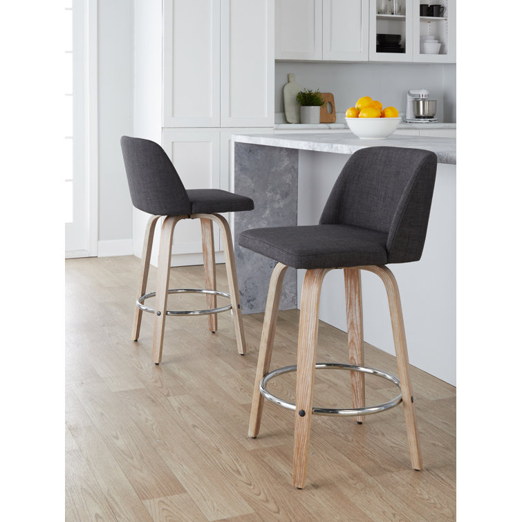 Gray Swivel Upholstered Counter Stool with Wood Legs