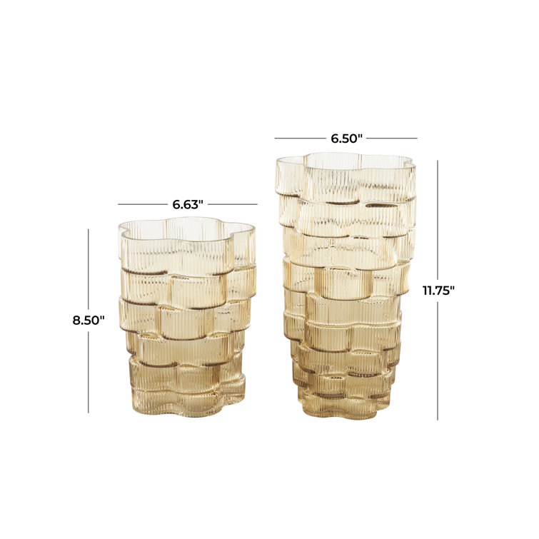 Brown Ribbed Glass Round Table Vase Set