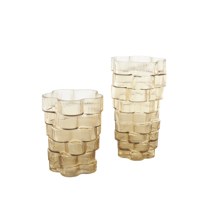 Brown Ribbed Glass Round Table Vase Set