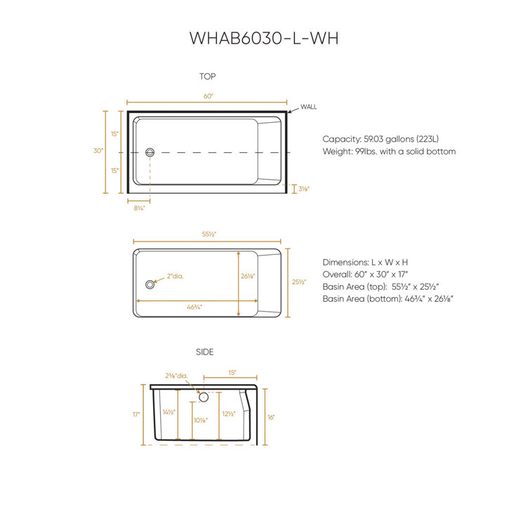 White Acrylic 60" Alcove Soaking Bathtub with Left Drain