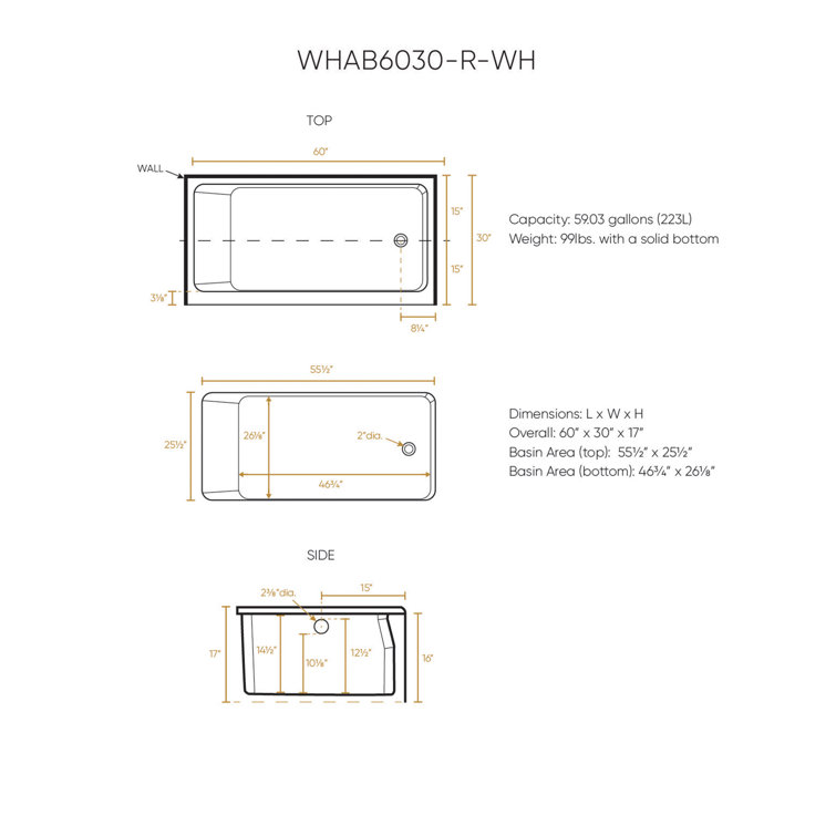 White 60" Acrylic Alcove Soaking Bathtub with Right Drain