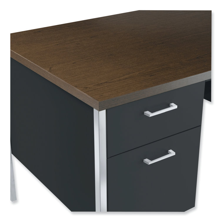 Walnut & Black Metal Desk with Locking Drawers and Filing Cabinet