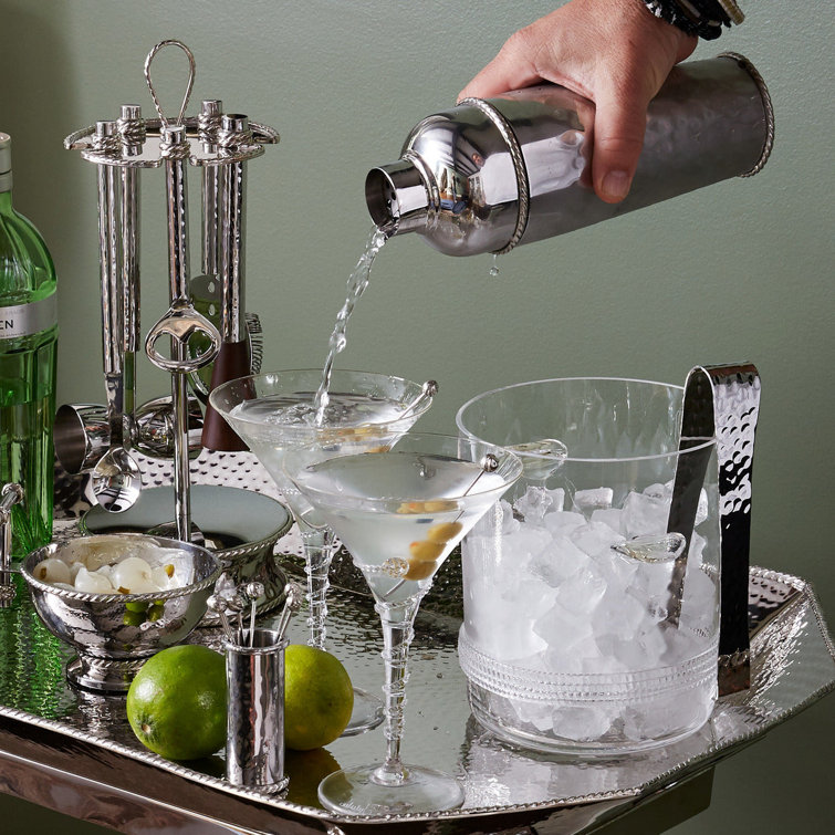 Clear Glass Ice Bucket with Embossed Detailing and Tongs