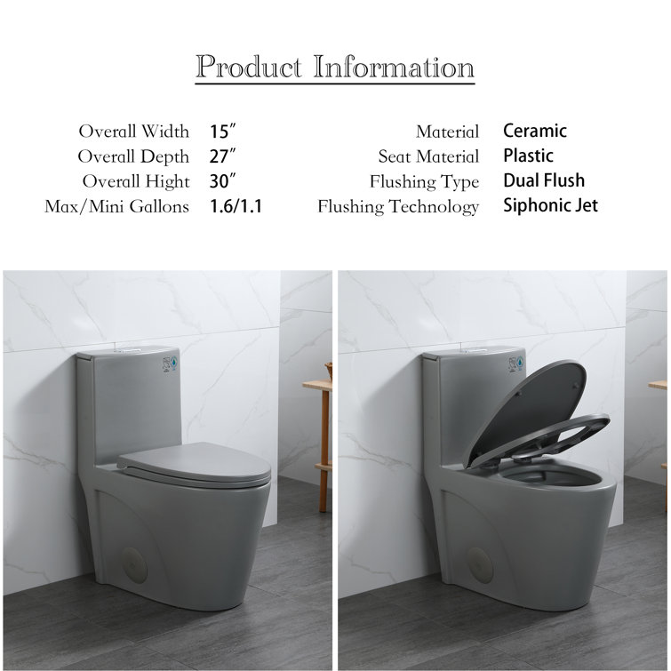 Light Grey Ceramic One-Piece Dual Flush Elongated Toilet