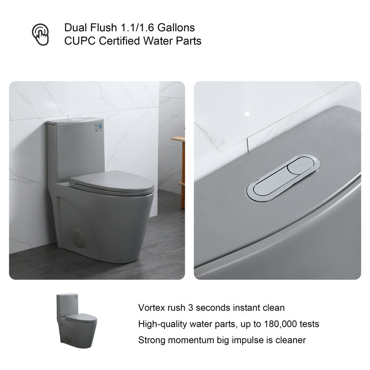 Light Grey Ceramic One-Piece Dual Flush Elongated Toilet