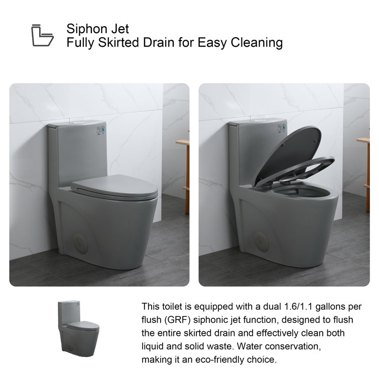 Light Grey Ceramic One-Piece Dual Flush Elongated Toilet