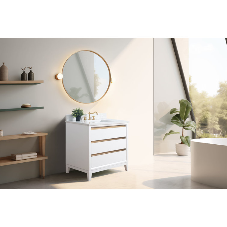 White and Gold 36" Freestanding Bathroom Vanity with Engineered Marble Top