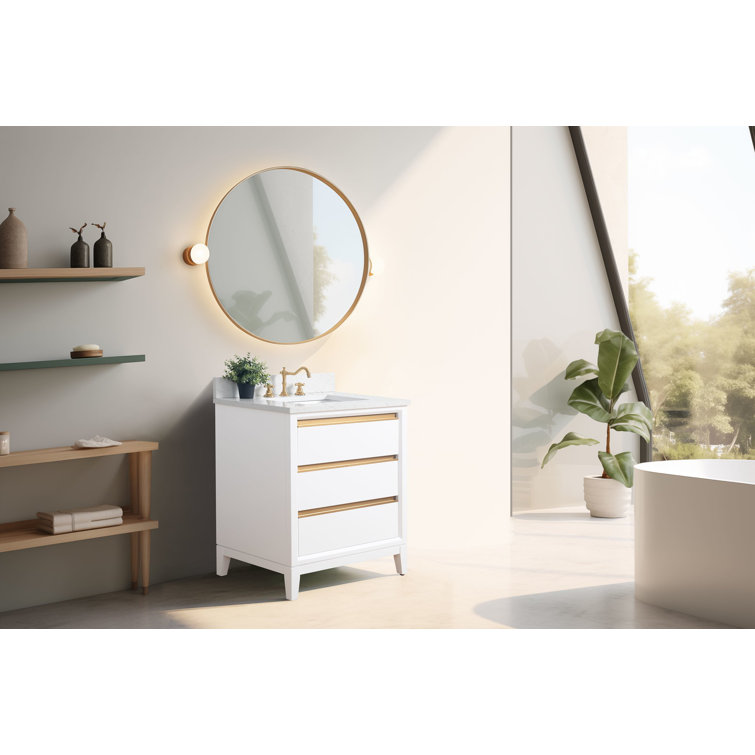 White Poplar Wood Single Bathroom Vanity with Marble Top