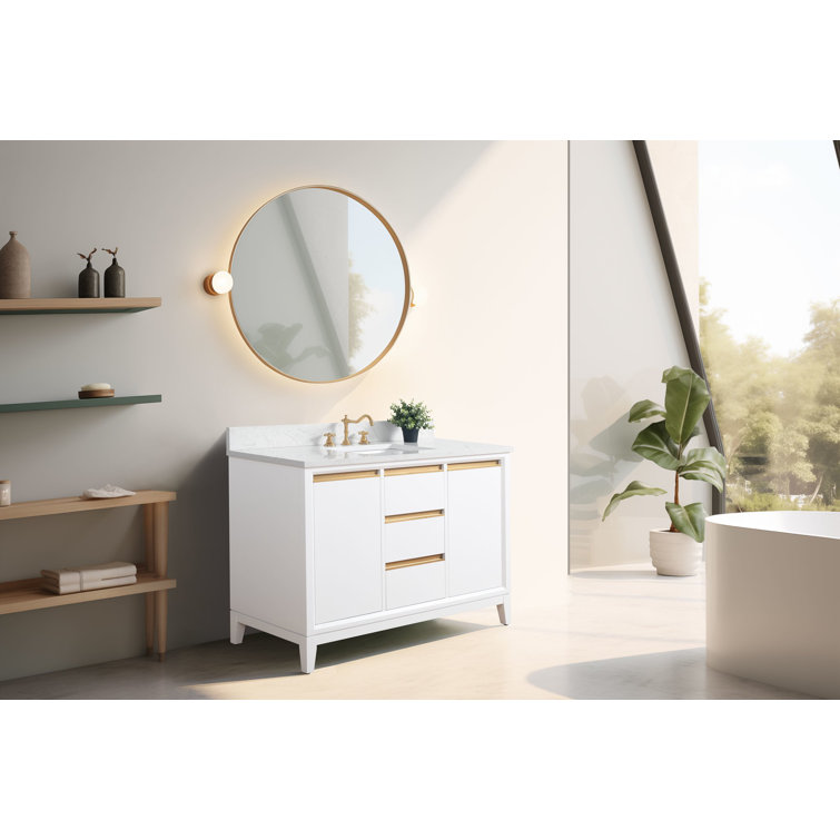 48" White MDF Freestanding Bathroom Vanity with Gold Accents