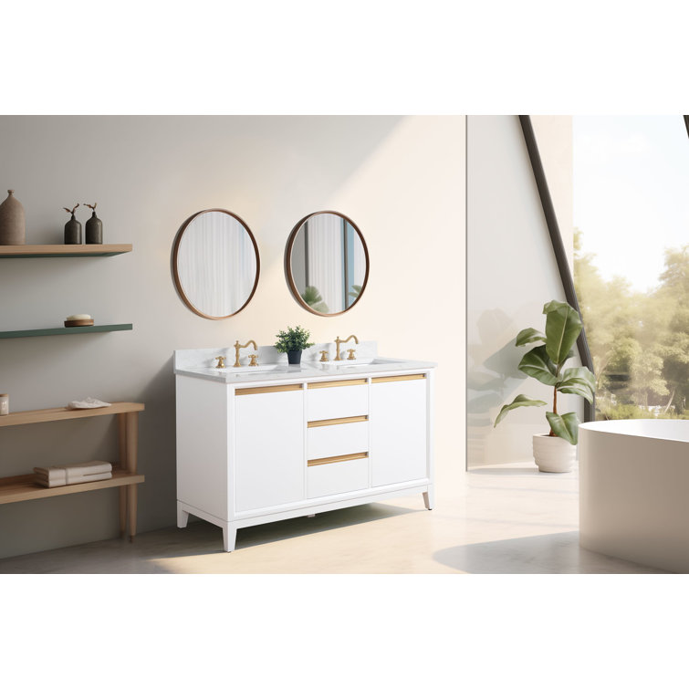White Poplar Wood Double Bathroom Vanity with Marble Top