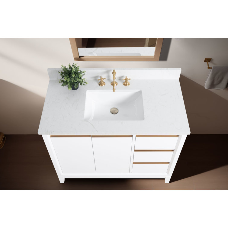 42" White MDF Freestanding Bathroom Vanity with Engineered Marble Top