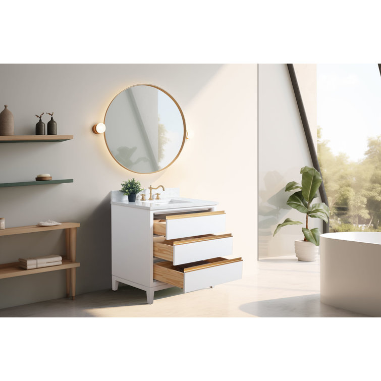 White and Gold 36" Freestanding Bathroom Vanity with Engineered Marble Top