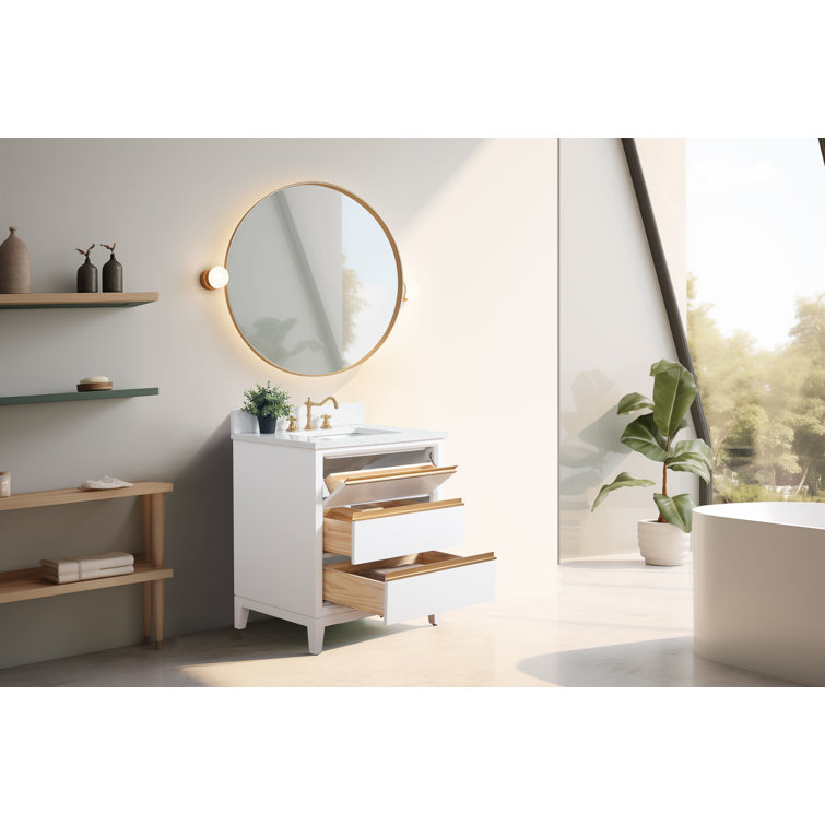 White Poplar Wood Single Bathroom Vanity with Marble Top