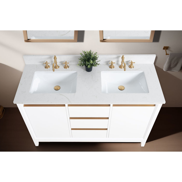 White Poplar Wood Double Bathroom Vanity with Marble Top