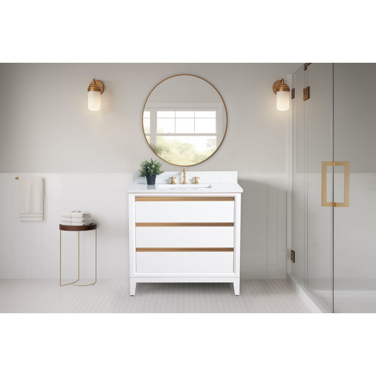 White and Gold 36" Freestanding Bathroom Vanity with Engineered Marble Top