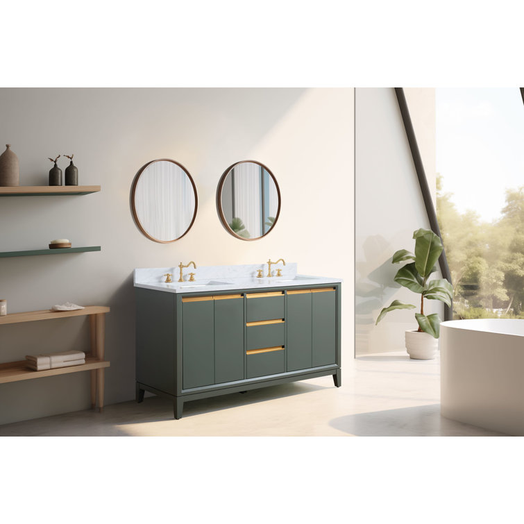 60" Vintage Green Double Sink Bathroom Vanity with Engineered Marble Top