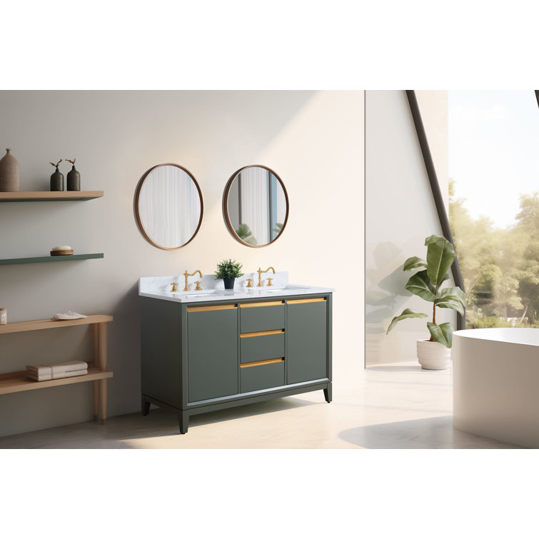 Vintage Green Double Sink Bathroom Vanity with Marble Top