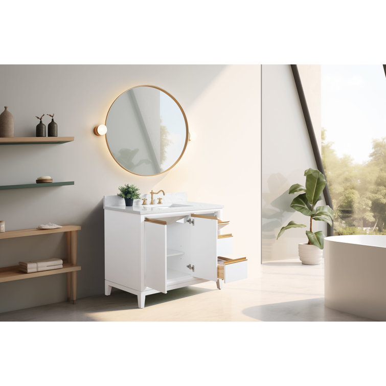 42" White MDF Freestanding Bathroom Vanity with Engineered Marble Top
