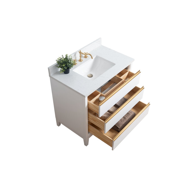 White and Gold 36" Freestanding Bathroom Vanity with Engineered Marble Top