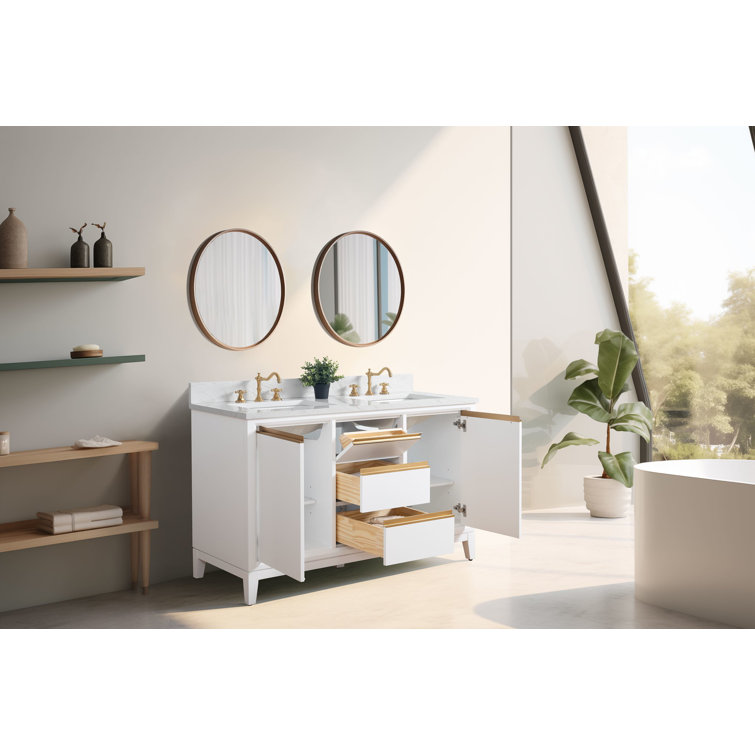 White Poplar Wood Double Bathroom Vanity with Marble Top