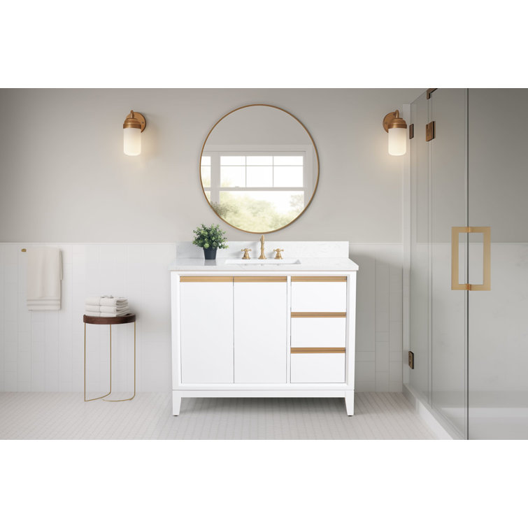 42" White MDF Freestanding Bathroom Vanity with Engineered Marble Top