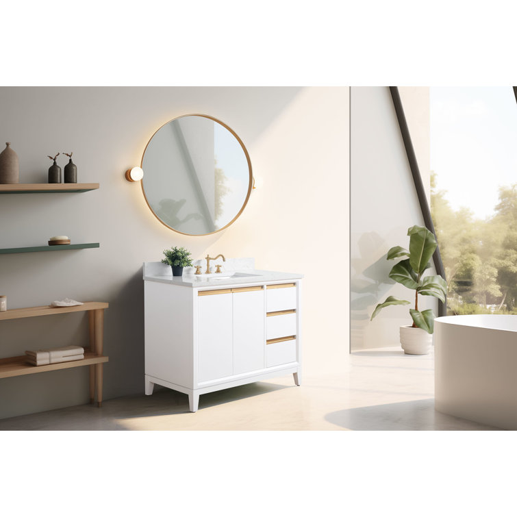 42" White MDF Freestanding Bathroom Vanity with Engineered Marble Top