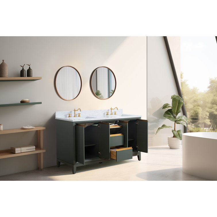 60" Vintage Green Double Sink Bathroom Vanity with Engineered Marble Top