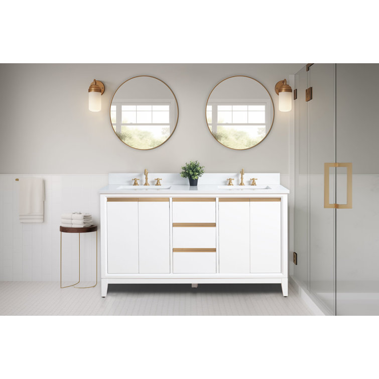 60" White Double Sink Bathroom Vanity with Engineered Marble Top