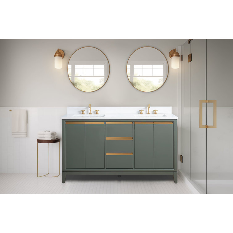 60" Vintage Green Double Sink Bathroom Vanity with Engineered Marble Top