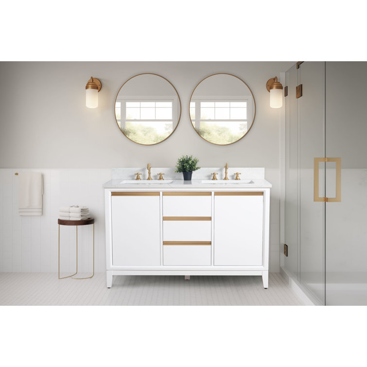 White Poplar Wood Double Bathroom Vanity with Marble Top