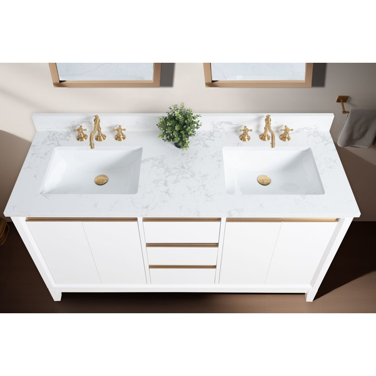 60" White Double Sink Bathroom Vanity with Engineered Marble Top