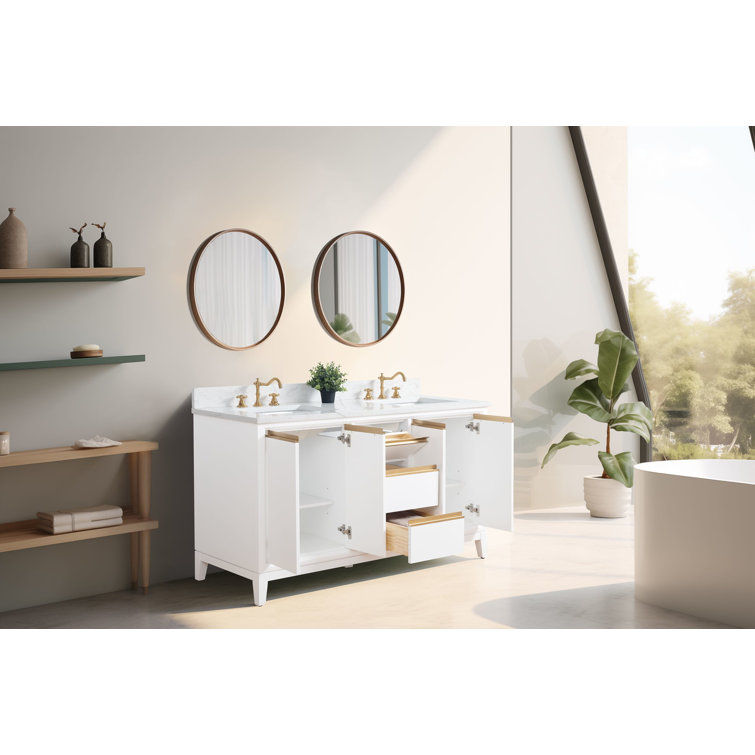60" White Double Sink Bathroom Vanity with Engineered Marble Top