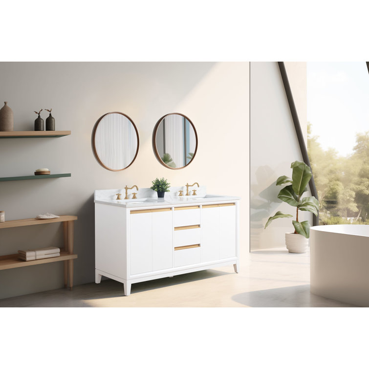 60" White Double Sink Bathroom Vanity with Engineered Marble Top