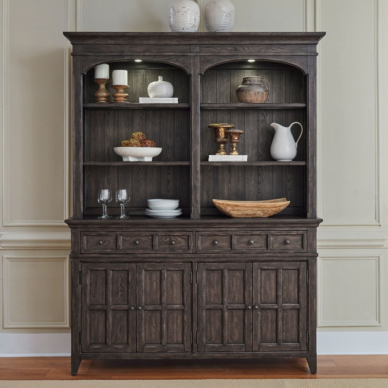 Saddle Brown Lighted Traditional China Cabinet with Drawers