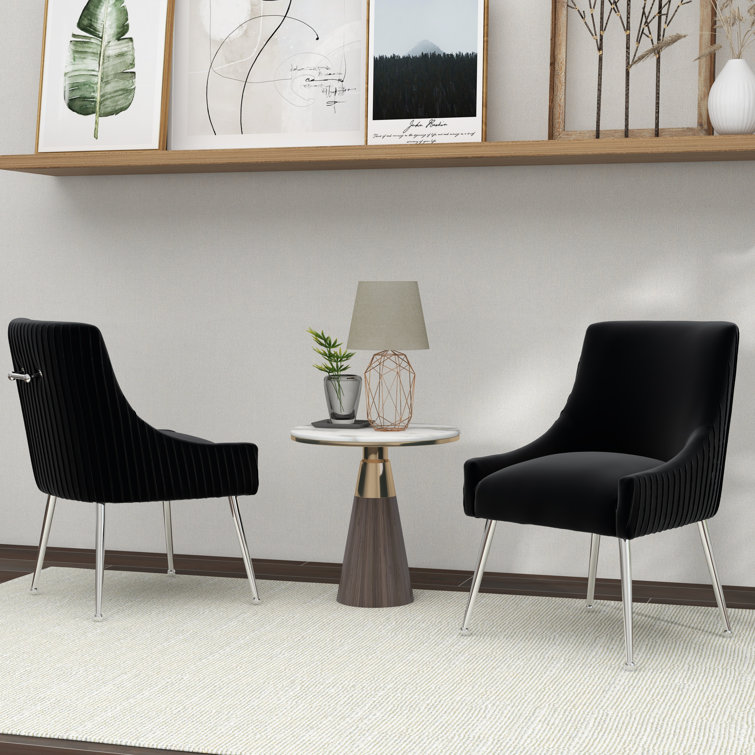 Black Velvet Upholstered Side Chair with Silver Metal Legs