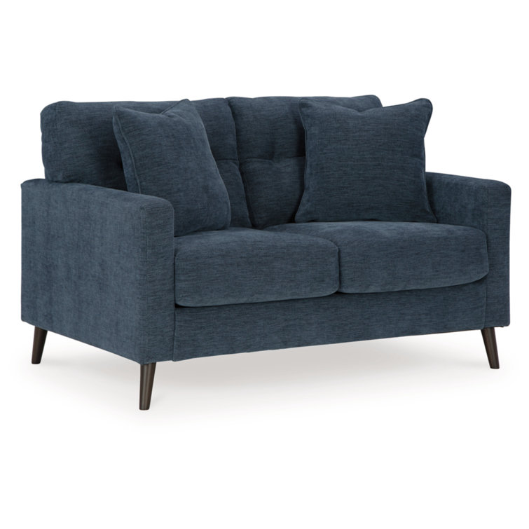 Navy Tufted Fabric Loveseat with Track Arms and Pillow Back